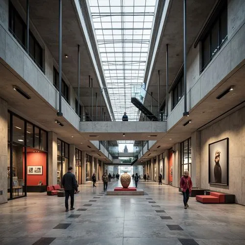 Museum constructivism architecture, exposed concrete walls, industrial steel beams, geometric metal frameworks, cantilevered staircases, minimalist railings, open floor plans, natural light pouring th