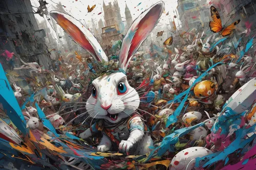 Write a thrilling story about a rabbid on a chaotic rampage.,white rabbit,rainbow rabbit,easter festival,gray hare,rabbits,rabbits and hares,rabbit,easter background,easter theme,amano,easter rabbits,