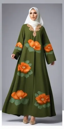 3d fashion drawing of long maxi chic abaya for Muslim hejab with roses . with green and dark orange and off white roses,woman wearing a green dress with orange flowers on it,abaya,babushka doll,deriva