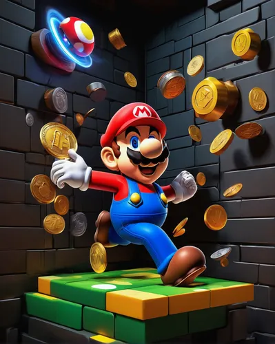 super mario,mario,super mario brothers,mario bros,plumber,3d render,nintendo,mobile video game vector background,luigi,game art,wall,cg artwork,play escape game live and win,game illustration,greed,3d bicoin,brick background,brick wall background,game room,gold wall,Art,Artistic Painting,Artistic Painting 34