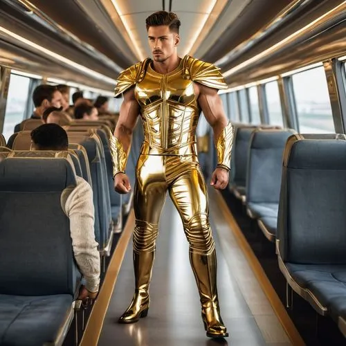 A son of Apollo as a full god, wearing gold metal pants, gold metal vest and gold metal boots, with powerful muscles, insanely handsome, on a high speed train
,atlantean,goldtron,goldmen,capitan,golcu