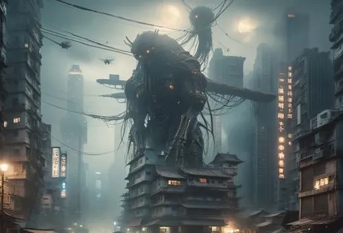 Concept art, an alien black Giant monster walking between buildings, Kowloon walled city, Hong Kong cyberpunk, slum, foggy night, blade runner,the futuristic city in the dark, dark - filled area,nyarl