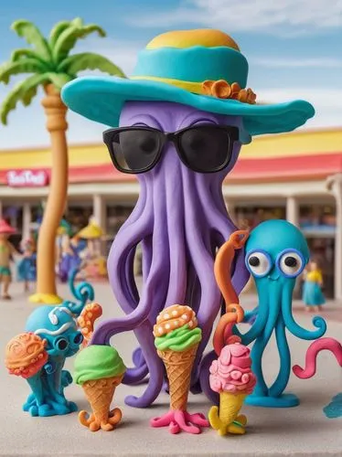 Octopus family walking inside a shopping plaza with a shopping bags, black glasses, with ice cream, and a beach hat,rastapopoulos,bahamonde,renderman,intersquid,fun octopus,calypsos,csupo,malakunas,sq