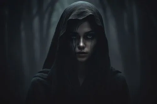 dark portrait,dark art,gothic portrait,mystical portrait of a girl,gothic woman,dark gothic mood,cloak,dark elf,the witch,the enchantress,hooded man,hooded,sorceress,fantasy portrait,forest dark,moody portrait,darkness,dark,vampire woman,darkened,Conceptual Art,Fantasy,Fantasy 34