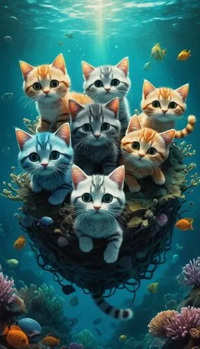 A cluster of cute baby cats swimming in deep ocean
Pixar 3D style
in the style of detailed science fiction illustrations, 8k resolution, futuristic fragmentation，Epic composition, photo, photography, 