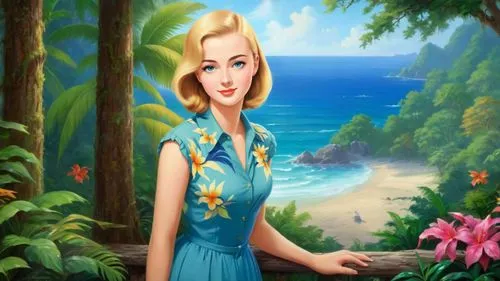 Romantic masterpiece oil painting, cute girl portrait, nostalgic 1950's style kitsch, vibrant rainforest landscape, lush tropical jungle paradise, summer beach cottage scenery, by Thomas Kinkade, by B