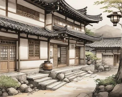 hanok,asian architecture,goryeo,teahouses,ryokan,gudeok,sungkyunkwan,ryokans,honmaru,dongbuyeo,hanhwa,dojo,chuseok,sukjong,heian,teahouse,hanseong,seondeok,korean folk village,chanoyu,Illustration,Paper based,Paper Based 30