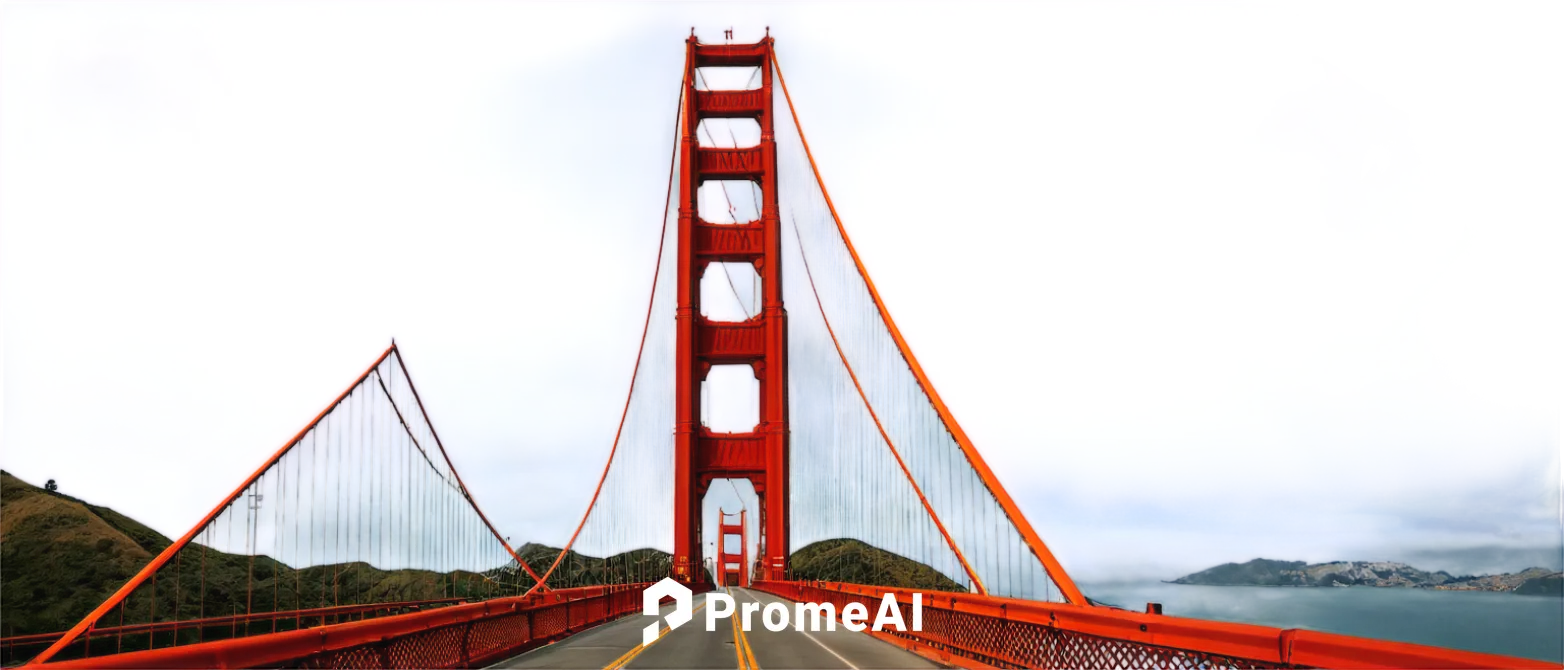 Golden Gate Bridge, suspension bridge, orange color, iconic landmark, San Francisco, California, USA, cloudy sky, foggy atmosphere, majestic structure, steel cables, roadway, pedestrian walkway, sunse