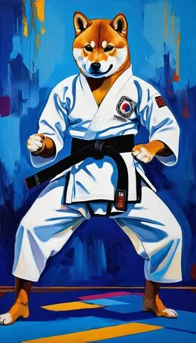 Shiba Inu, Taekwondo athlete, male, athletic build, black belt, white dobok, helmet, mouthguard, kicking pads, standing in a fighting stance, confident expression, focused eyes, sweaty skin, indoor ma