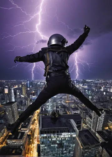 electrified,electro,force of nature,super power,high voltage,high-wire artist,stunt performer,thunderstorm mood,leap of faith,electricity,risk management,lightning bolt,believe can fly,electric power,photo manipulation,electrical energy,base jumping,superhero background,super hero,leap for joy,Illustration,Abstract Fantasy,Abstract Fantasy 03