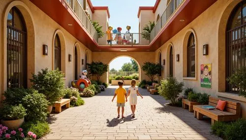 Vibrant kindergarten playground, Romanesque archways, colorful murals, playful sculptures, soft natural lighting, warm beige stone walls, rounded doorways, ornate metal gates, lush greenery, blooming 