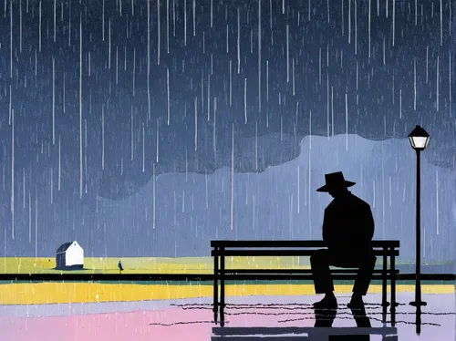 man with umbrella,man on a bench,chair and umbrella,to be alone,loneliness,rainy day,rain,melancholy,in the rain,rainy,blue rain,heavy rain,rainy season,light rain,rainstorm,raining,rains,walking in the rain,man at the sea,longing,Art,Artistic Painting,Artistic Painting 09