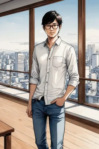 Create a 3D avatar of myself, young adult, male, casual pose, relaxed facial expression, short black hair, brown eyes, glasses with thin frames, white shirt, blue jeans, sneakers, standing in a modern