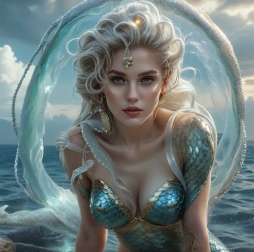 mermaid, real, naked,a woman wearing blue and white under her head with a dragon on top,amphitrite,sirene,the sea maid,nereids,sirena,merfolk,Photography,General,Realistic