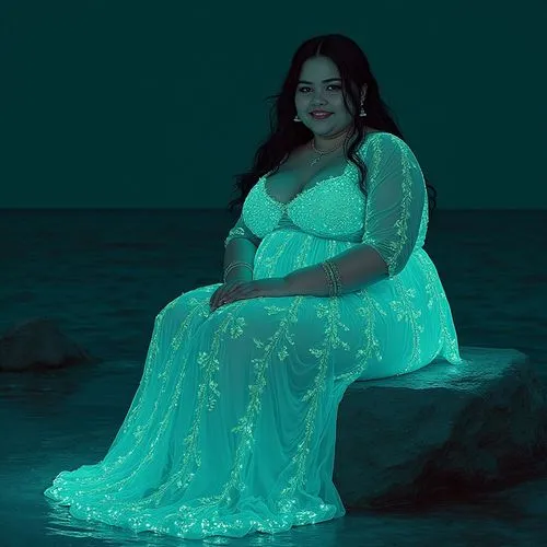 Gently smiling cyber A ravishingly beautiful obese plus-sized chubby naturist girl with flawless skin and mesmerizing eyes, adorned in an elaborate, hand-beaded and embroidered is sitting on a stone n