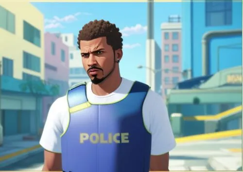 African-American male with short hair (curly, helmet style), beard (mustache and goatee), wearing a white t-shirt and a tactical police vest, police pose, firearm. GTA V style, urban environment, Los 