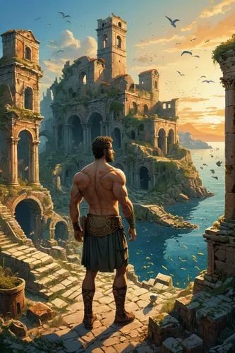 ruined old roman city  under thesea  seagulls, dolphins, a mmuscular man ,herakleion,novigrad,ancient city,kavala,themyscira,avernum,uncharted,aegeus,rhodian,seregil,gladiator,ruins,the ruins of the,f