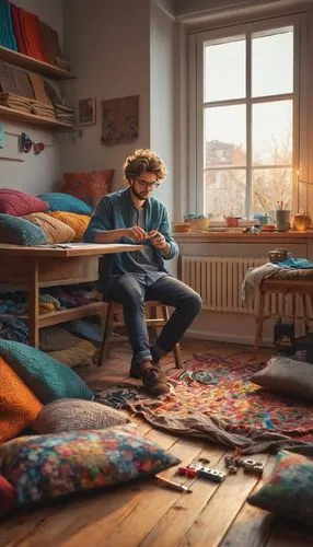 the living room of a photographer,mehldau,decluttering,rug,erlend,knittig,couchsurfing,hygge,ravensburger,quiltmaker,rugs,perleberg,roominess,moquette,upholsterer,turquoise wool,knitting clothing,bohemianism,gondry,matras,Illustration,Realistic Fantasy,Realistic Fantasy 27