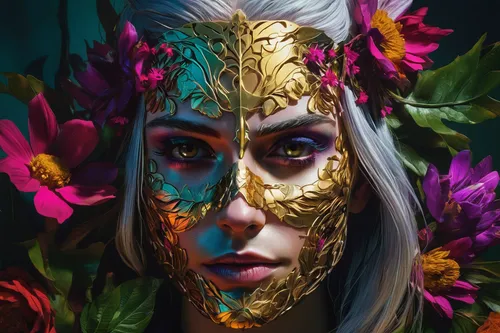 The Witcher dropped on Netflix at the end of 2019,masquerade,fantasy portrait,golden wreath,elven flower,kahila garland-lily,golden mask,gold mask,digital painting,girl in a wreath,floral wreath,digit