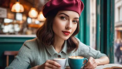 woman drinking coffee,woman at cafe,coffee background,retro woman,women at cafe,barista,girl wearing hat,coffee and books,vintage woman,retro women,retro girl,parisian coffee,cappuccinos,beret,cappucino,café au lait,espressos,cappuccino,cortado,tea and books,Conceptual Art,Daily,Daily 32