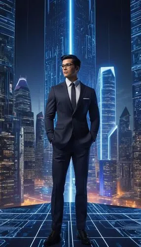 Cybersecurity expert, male, muscular build, serious expression, short black hair, glasses, black blazer, white shirt, dark blue trousers, standing in front of a futuristic cityscape, skyscraper, neon 