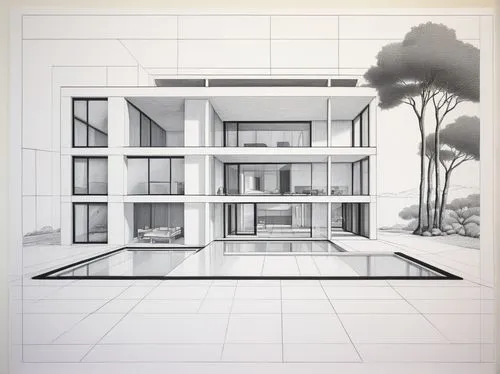 sketchup,crittall,house drawing,neutra,revit,3d rendering,mies,lasdun,eichler,corbu,midcentury,mid century modern,frame drawing,renderings,mid century house,unbuilt,house floorplan,bunshaft,art deco,floorplans,Illustration,Black and White,Black and White 18