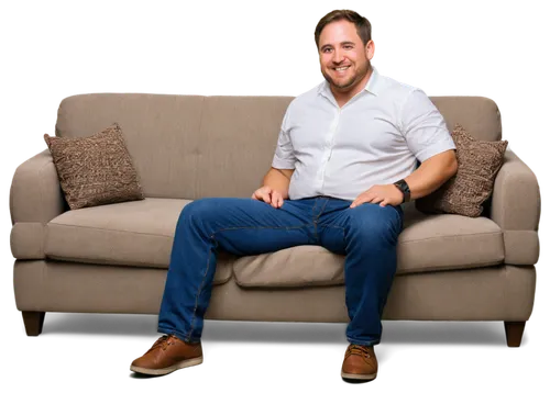 Fat man, muscular arms, double chin, round face, short hair, messy beard, bright smile, casual wear, white shirt, dark blue jeans, brown belt, black sneakers, sitting on couch, relaxed posture, warm l