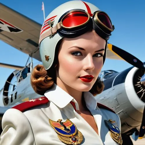 A captivating vintage-style illustration of a 25-year-old woman in a USAAF pilot's uniform, exuding confidence as she stands in front of a hangar on wet tarmac. Surrounding her are two iconic warplane