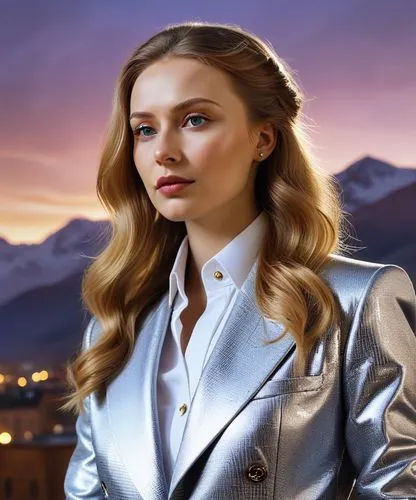 The image shows a young Russian woman, with golden hair and piercing green eyes, sporting a sleek black suit and a shiny silver coat. Her forehead is a deep brown, and she dons a dark suit filled with