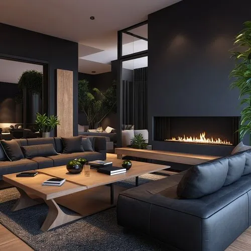 BLACK THEME ROOM, BLACK WALLS AND BLACK COACH,modern living room,apartment lounge,fire place,living room,interior modern design,modern decor,fireplaces,fireplace,livingroom,luxury home interior,contem