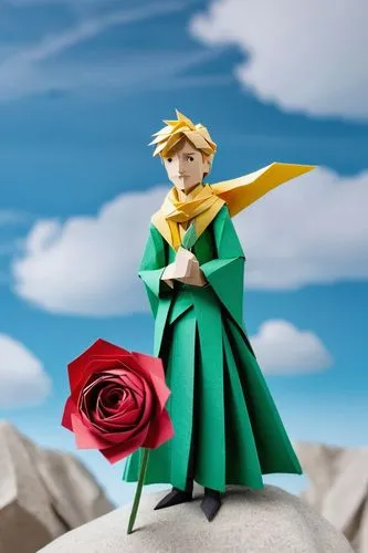 The little prince and his rose origami, the paper is made of folded newspaper material. The man has blonde hair and wears green with yellow scarves around his neck, he stands on top of white rock. The