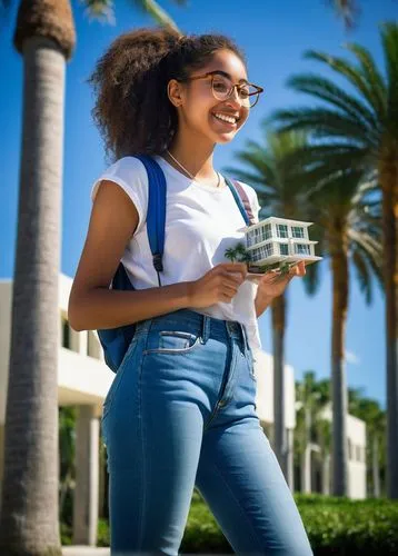 University of Miami School of Architecture, female student, 20yo, casual wear, jeans, white shirt, sneakers, backpack, standing, holding architectural model, glasses, ponytail hair, natural makeup, sm