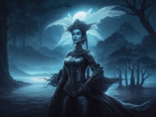 standing all by myself  at a misty sky ,blue enchantress,dark angel,queen of the night,dark elf,hecate,sorceress,angel of death,maleficent,fantasy picture,demoness,sorceror,morwen,fantasy art,saturnyn