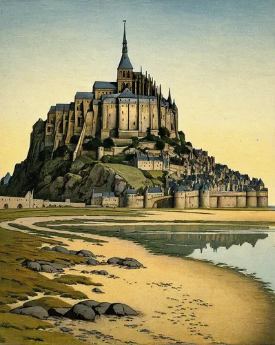 mont saint michel,mont st michel,saint michel,normandy,michel brittany monastery,braque du bourbonnais,universal exhibition of paris,encarte,braque francais,clécy normandy,braque d'auvergne,basset artésien normand,bayonne ham,sand art,travel poster,notre dame de sénanque,t normandie,cool woodblock images,notre-dame,château,Illustration,Retro,Retro 19