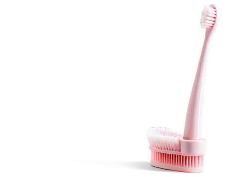 Toothbrush, white handle, soft pink bristles, gentle curves, standing upright, morning light, shallow depth of field, 3/4 composition, warm color tone, ceramic bathroom counter, water droplets on surf