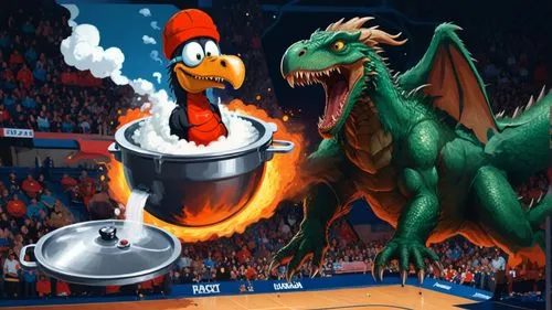 Um dragão cozinhando um urubu na panela de pressão, em uma arena de basquete,a drawing of a dragon and a t - bird in the middle of a basketball court with a flamingos,eurobasket,cauldron,euroleague,fi