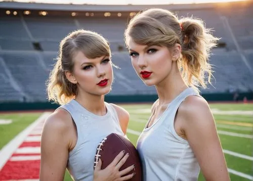 Taylor Swift, American singer-songwriter, standing on a football field, sunset time, warm golden light, blonde hair tied back in a ponytail, bright red lips, minimal makeup, white tank top, distressed