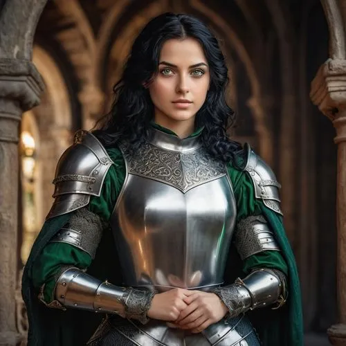 a gorgeous young woman knight wth black hair and deep green eyes. She is looking straight to the camera. Arealistic picture with very high resolution 8K. H-Cup.,eldena,seregil,naela,mervat,amrita,dors