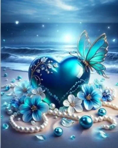 beautiful painting of heart with flowers and a erfly on beach,blue butterfly background,blue butterfly,blue butterflies,ulysses butterfly,blue petals,watery heart