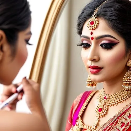 Goddes Durga doing makeup herself in front of dressing table,indian bride,applying make-up,makeup artist,vintage makeup,make-up,indian girl,indian woman,the make up,bridal jewelry,sari,make up,bridal 