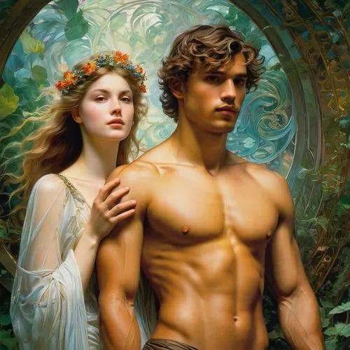 hylas,adam and eve,secret garden of venus,melian,garamantes,dossi,fauns,garden of eden,maxon,maenads,valinor,hesperides,nereids,fantasy picture,demigods,fantasy art,lorien,young couple,seregil,persephone,Conceptual Art,Fantasy,Fantasy 05