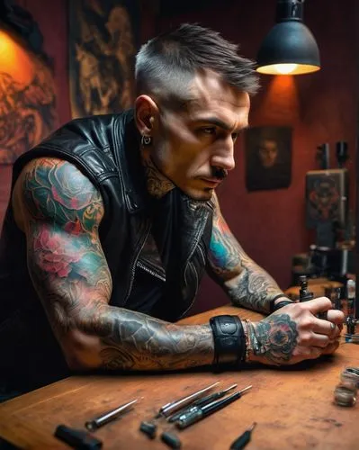 tattoo artist,watchmaker,gunsmith,bicycle mechanic,rivet gun,tattoos,metalsmith,soldering iron,craftsman,tattoo expo,mechanic,man holding gun and light,punk,tattoo girl,torque screwdriver,with tattoo,panhead,auto mechanic,car mechanic,dean razorback,Art,Classical Oil Painting,Classical Oil Painting 03