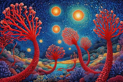 mushroom landscape,indigenous painting,deep coral,desert coral,tree grove,aboriginal painting,psychedelic art,colorful tree of life,uluru,red tree,forest of dreams,aboriginal art,forest landscape,coral,coral reef,khokhloma painting,coral bush,alien planet,corals,alien world,Conceptual Art,Daily,Daily 31