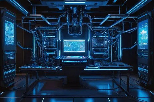 Futuristic digital art, DALL-E 2 generator, futuristic laboratory, sleek metal tables, holographic screens, neon lights, wires and circuits, robotic arms, AI mainframe, motherboard, CPU, GPU, RAM, adv