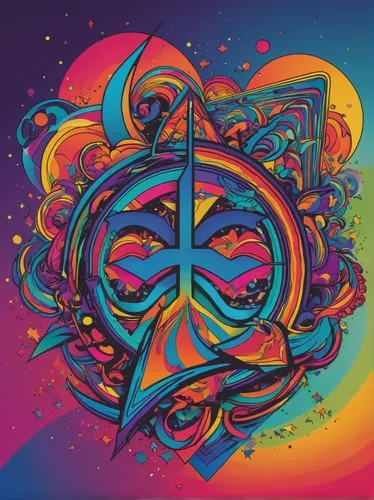 Craft a psychedelic Van Halen logo with vibrant colors for a 70s-themed music event.,triquetra,compass rose,peace symbols,pentacle,infinity logo for autism,metatron's cube,dharma wheel,christ star,eso