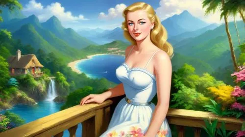 Romantic masterpiece oil painting, beautiful girl portrait, nostalgic 1950's style kitsch, vibrant rainforest,  mountaintop cottage landscape, lush tropical jungle paradise, summer beach scenery, by T