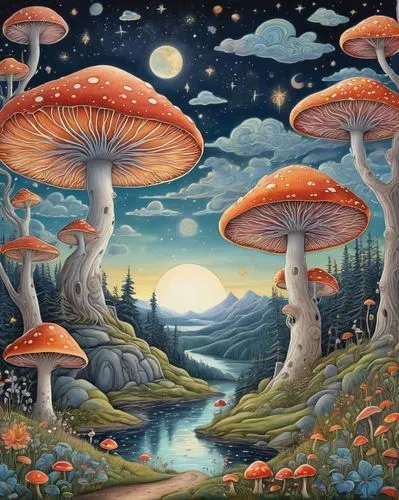 mushroom landscape,mushroom island,toadstools,mushrooms,shrooms,forest mushrooms,agarics,fairy forest,mycena,fungi,psilocybin,cartoon forest,amanita,cubensis,fairy world,forest mushroom,muscaria,marasmius,fantasy landscape,psilocybe,Illustration,Realistic Fantasy,Realistic Fantasy 31