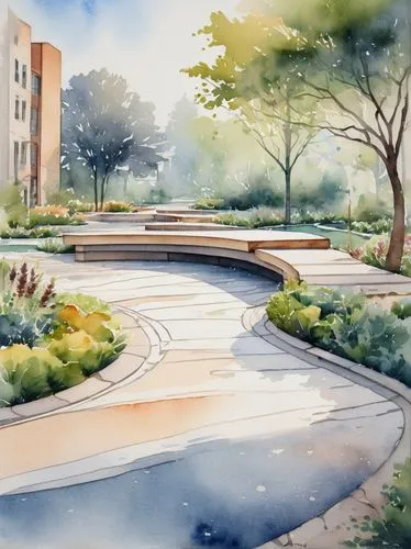 landscaped,arborway,renderings,lafayette park,landscape plan,stormwater,urban park,watercolor,watercolor background,paved square,watercolor painting,landscaping,greenspace,houston texas apartment complex,bicycle path,beltline,greenspaces,pathway,greenway,new housing development,Illustration,Paper based,Paper Based 25