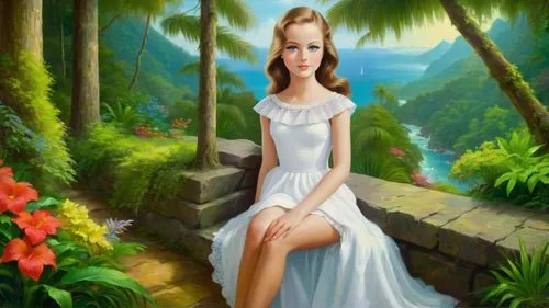 Romantic masterpiece oil painting, beautiful girl portrait, nostalgic 1950's style kitsch, vibrant rainforest,  mountaintop cottage landscape, lush tropical jungle paradise, summer beach scenery, by T