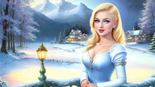 Romantic masterpiece oil painting, cute girl portrait, nostalgic 1950's style kitsch, breathtaking beautiful winter kingdom landscape, majestic fantasy scenery, evening lighting, highly detailed highr